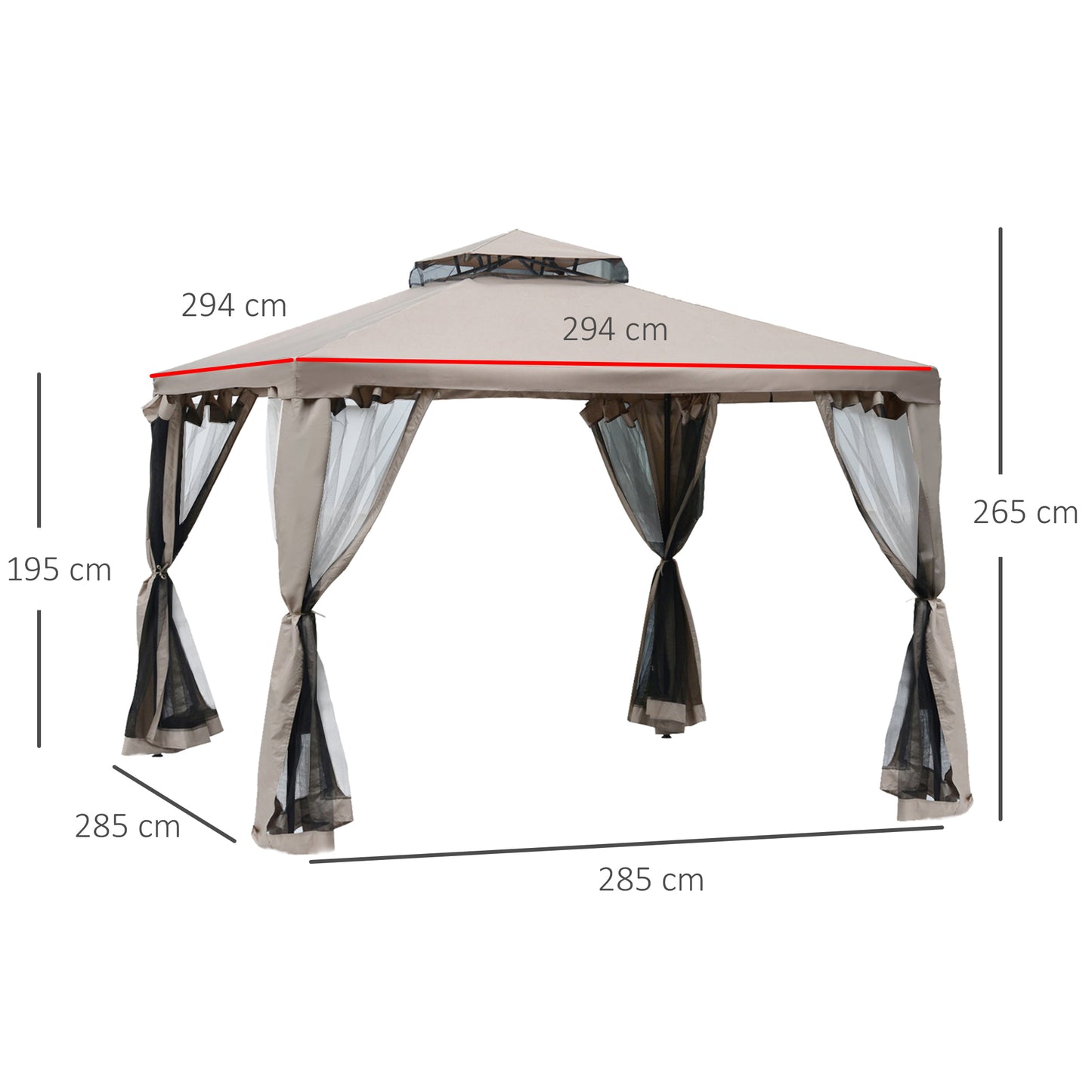 Outsunny Tuinpaviljoen, Gazebo, Tuintent, Partytent met 4 Zijpanelen, Weerbestendig, Metaal + Polyester, Grijs, 2,94 x 2,94 x 2,65 m
