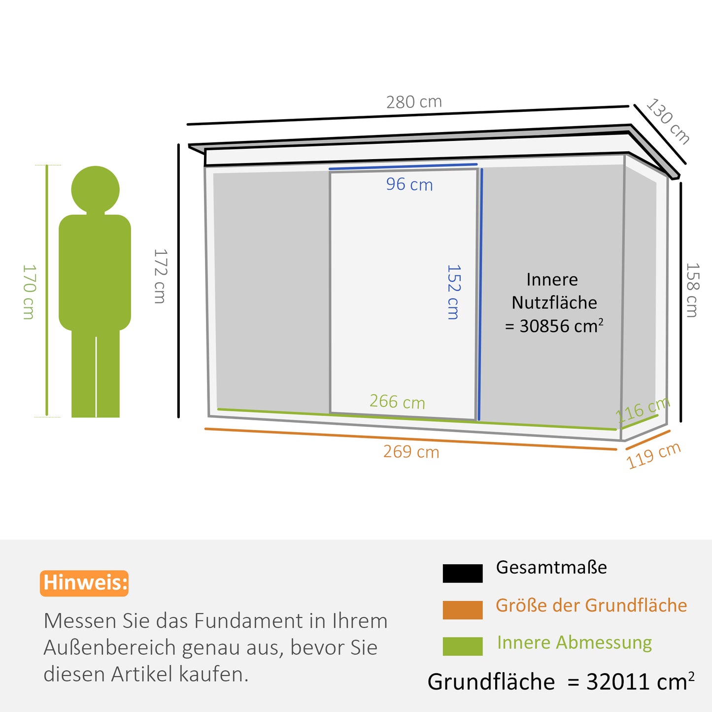 Outsunny Gartenhaus, Geräteschuppen mit Schiebetür, Lüftungsfenster und Pultdach, für den Außenbereich, Stahl, dunkelgrau, 280 x 130 x 172 cm