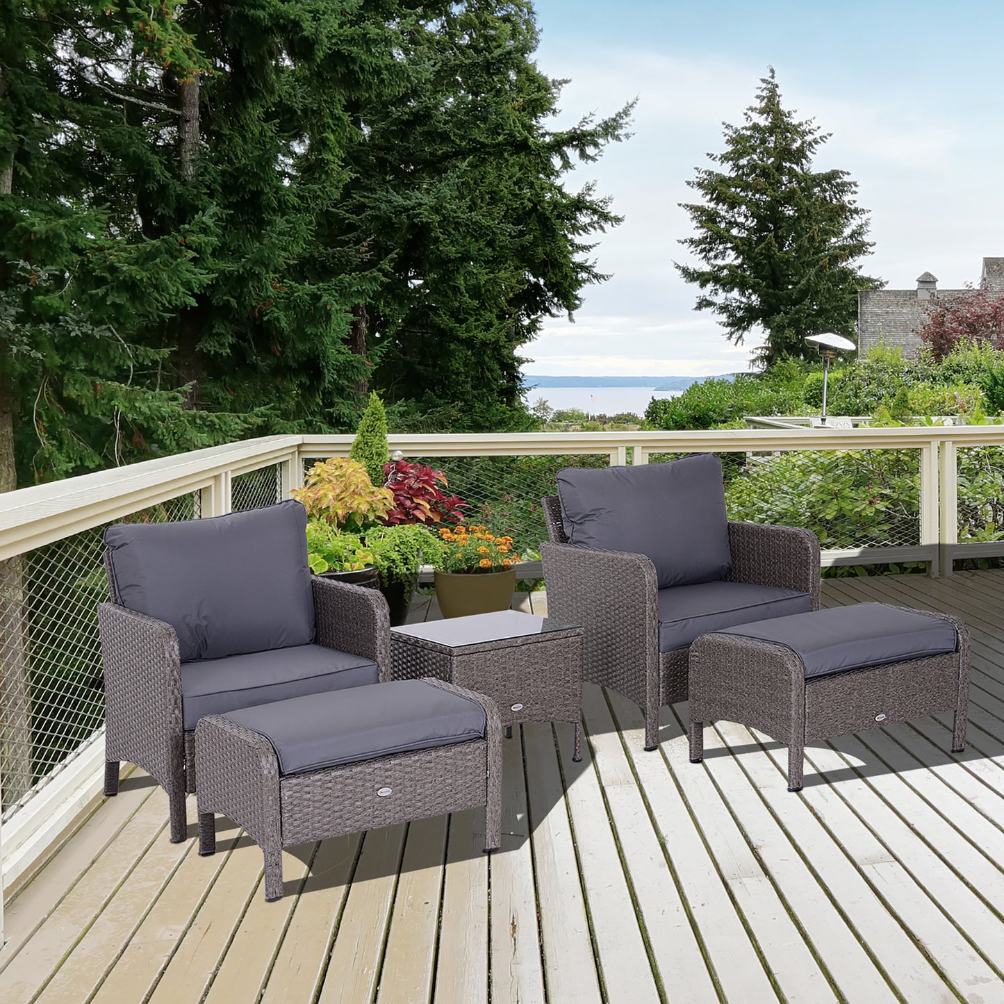 Outsunny 5-teiliges Gartenmöbelset aus Polyrattan, Lounge-Set mit Kissen, dunkelgrau, 2 Sessel, 1 Couchtisch, 2 Hocker