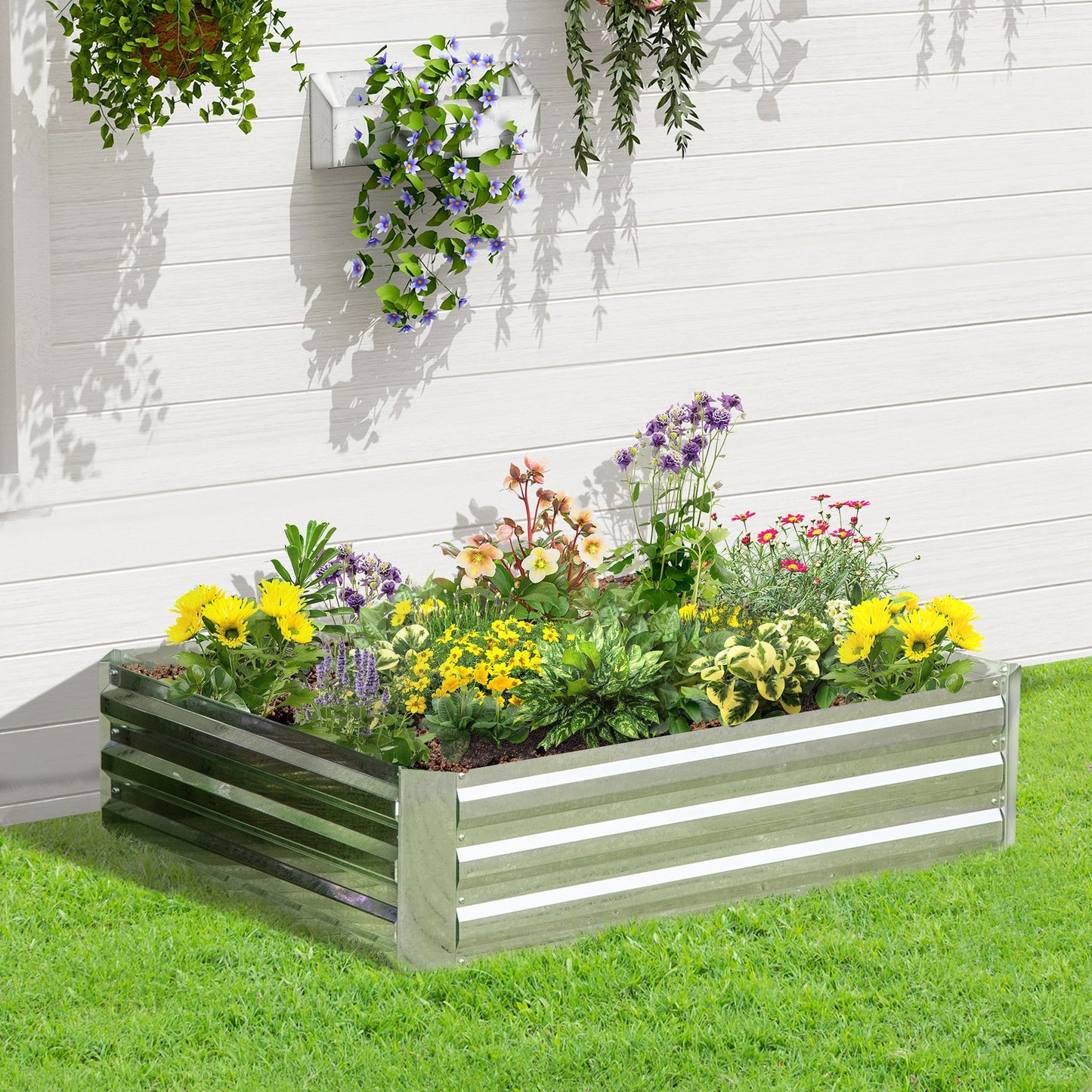 Outsunny verhoogde tuinbak van gegalvaniseerd staal, plantenbak voor in de tuin, bloembak, bloempot, zilver, 120 x 90 x 30 cm
