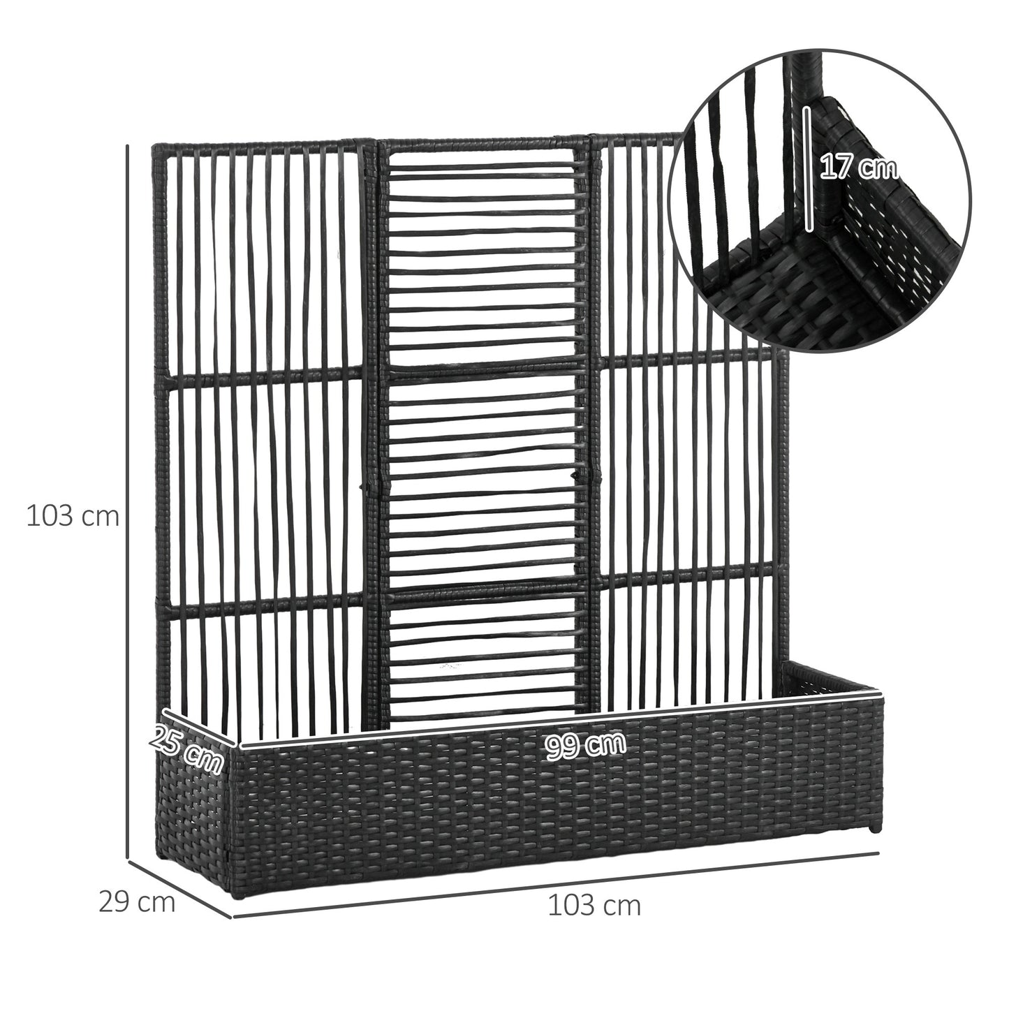 Outsunny bloembak met trellis, weerbestendig, polyrotan, 103 x 103 x 29 cm, zwart