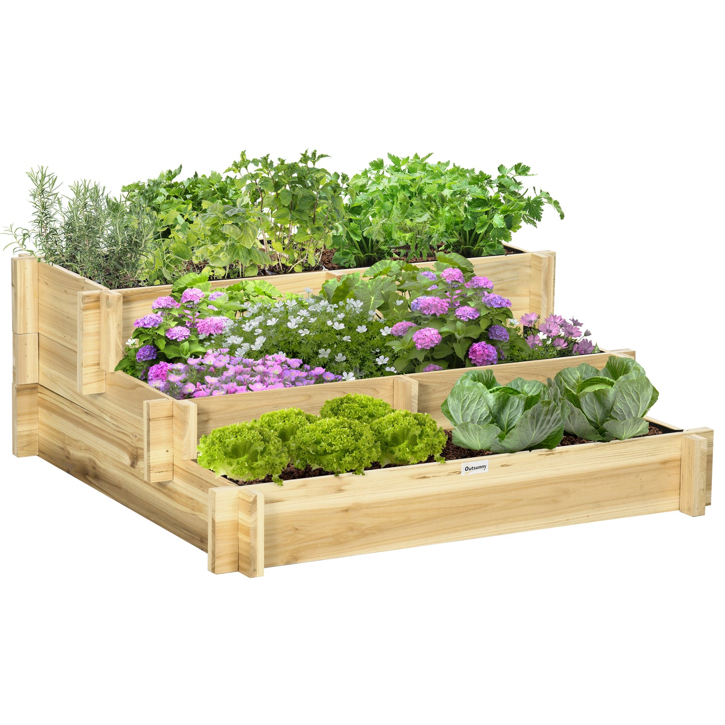 Outsunny Raised Flower Bed, 3-Tier, Drainage Hole, Fabric Lining, Natural Wood, 93 x 93 x 35 cm
