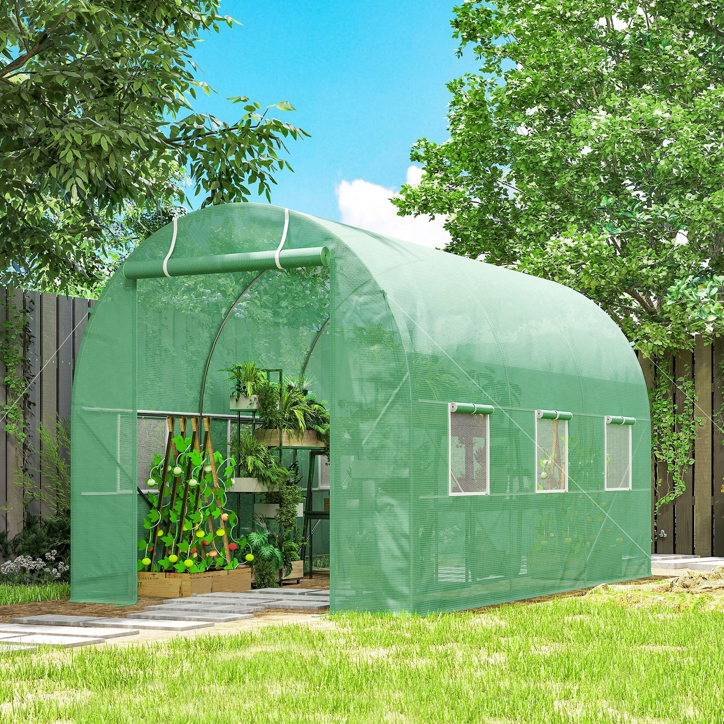 Outsunny Greenhouse 350x200x200cm, Foil Greenhouse, Tomato Greenhouse with Door, 6 Windows, Foil Tunnel Made of Galvanized Steel, PE, Sturdy Greenhouse Plant Tunnel, Incl. Ground Anchors and Ropes, Green
