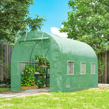 Outsunny Greenhouse 350x200x200cm, Foil Greenhouse, Tomato Greenhouse with Door, 6 Windows, Foil Tunnel Made of Galvanized Steel, PE, Sturdy Greenhouse Plant Tunnel, Incl. Ground Anchors and Ropes, Green