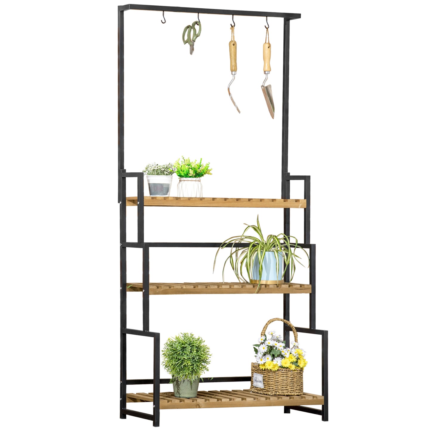 Outsunny 3-laags plantenstandaard met bevestigingshaken, bloemenstandaard van natuurlijk hout, 80 cm x 36 cm x 174 cm, natuurlijk