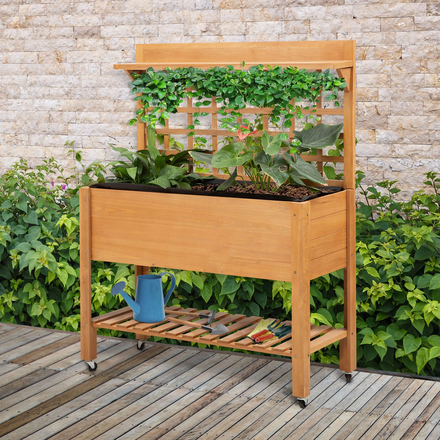 Erhöhter Pflanztisch von Outsunny für Garten, Blumentisch, Arbeitstisch, Gartentisch, Gewächshaustisch, Pflanztisch aus Holz für Garten und Balkon, 105 x 40 x 135 cm, Tanne, Vliesstoff, braun