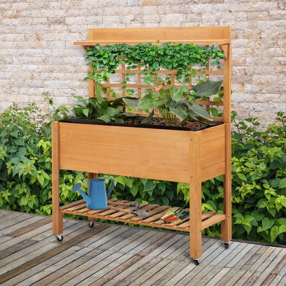 Erhöhter Pflanztisch von Outsunny für Garten, Blumentisch, Arbeitstisch, Gartentisch, Gewächshaustisch, Pflanztisch aus Holz für Garten und Balkon, 105 x 40 x 135 cm, Tanne, Vliesstoff, braun