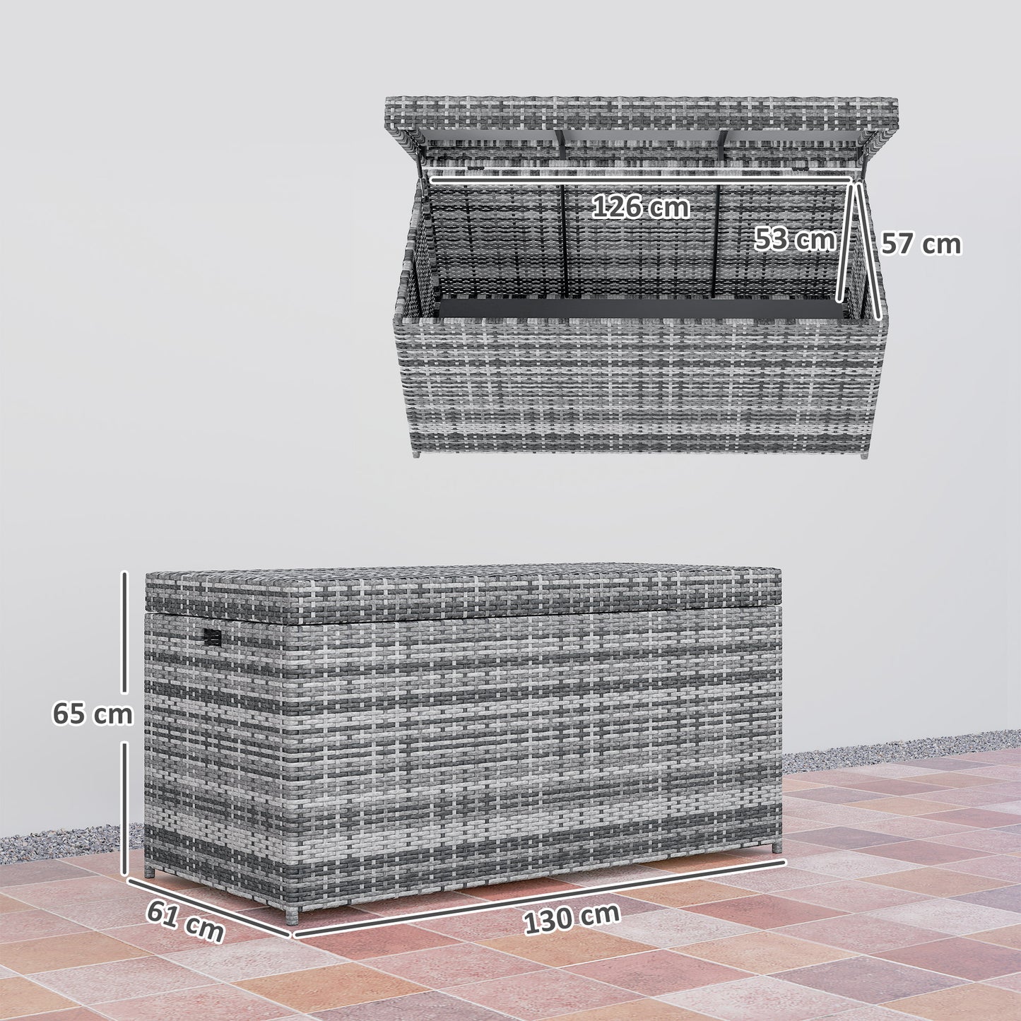 Outsunny Rattan Opbergbox 380L Weerbestendige Kussenbox met Deksel UV-bestendig 130 x 61 x 65 cm Donkergrijs
