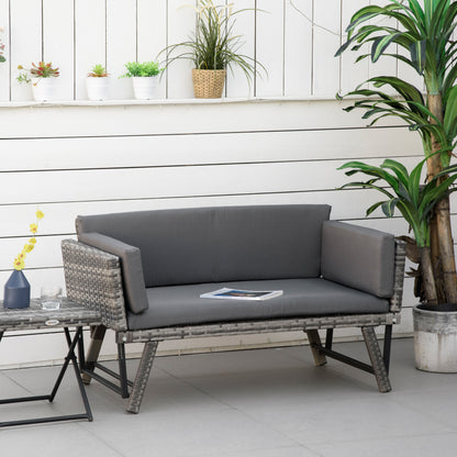 Outsunny Polyrattan-Gartenbank, 2-Sitzer, Gartenmöbel, Lounge-Bank, Gartenliege mit klappbaren Armlehnen, Stahlgrau, 129 x 63 x 67 cm
