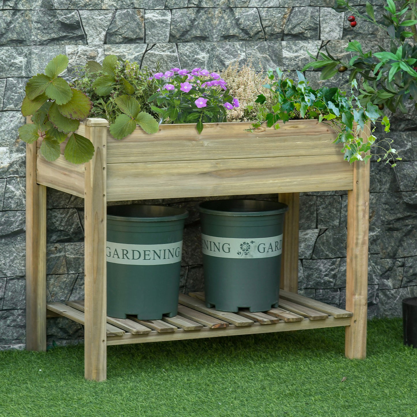 Outsunny Verhoogd Tuinbed, Verhoogde Houten Plantenbak met Bodemplank, Robuuste Constructie, Afwateringsgaten, 91L x 51B x 76H cm, Groen