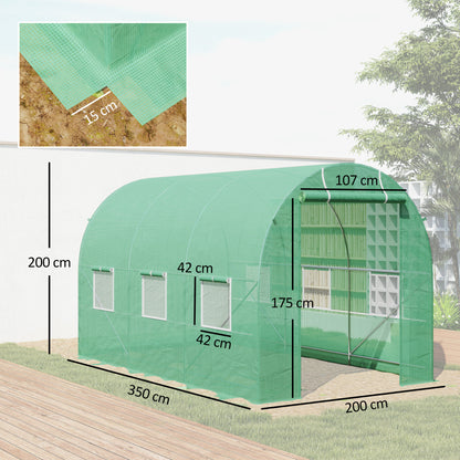 Outsunny Greenhouse 350x200x200cm, Foil Greenhouse, Tomato Greenhouse with Door, 6 Windows, Foil Tunnel Made of Galvanized Steel, PE, Sturdy Greenhouse Plant Tunnel, Incl. Ground Anchors and Ropes, Green