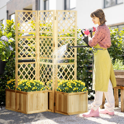 Outsunny vouwscherm, privacyscherm voor de tuin, drievoudig vouwbaar, 4 bloembakken, massief hout, natuurlijke kleur, 133 x 62 x 165 cm