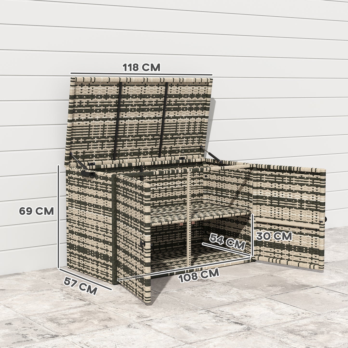 Outsunny Rattan Opbergbox 350L 2-laags Kussenbox met Deksel, Hefstangen, Handgrepen, 118 x 57 x 69 cm, Gemengd Grijs