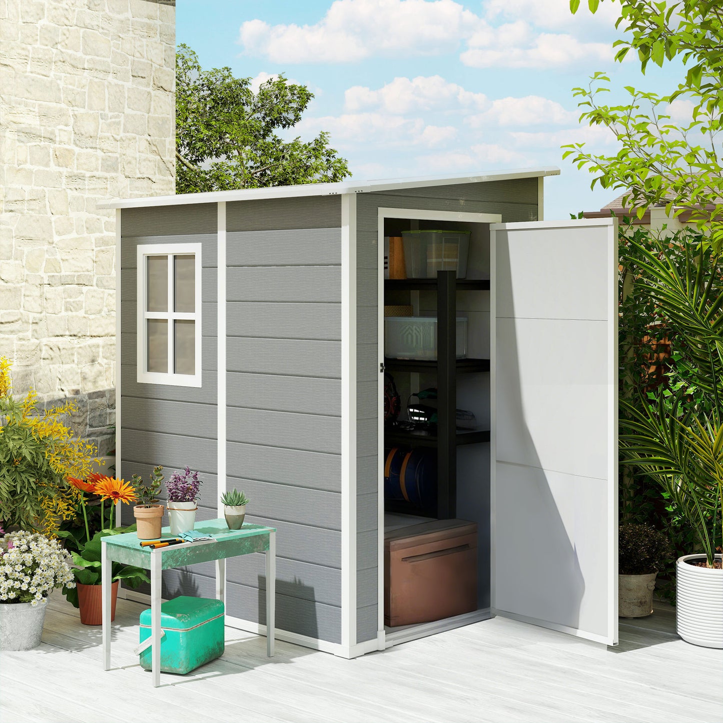 Tuinhuis Outsunny, deur met slot, raam voor daglicht & ventilatie, aluminium, 122 x 149 x 192/177 cm grijs