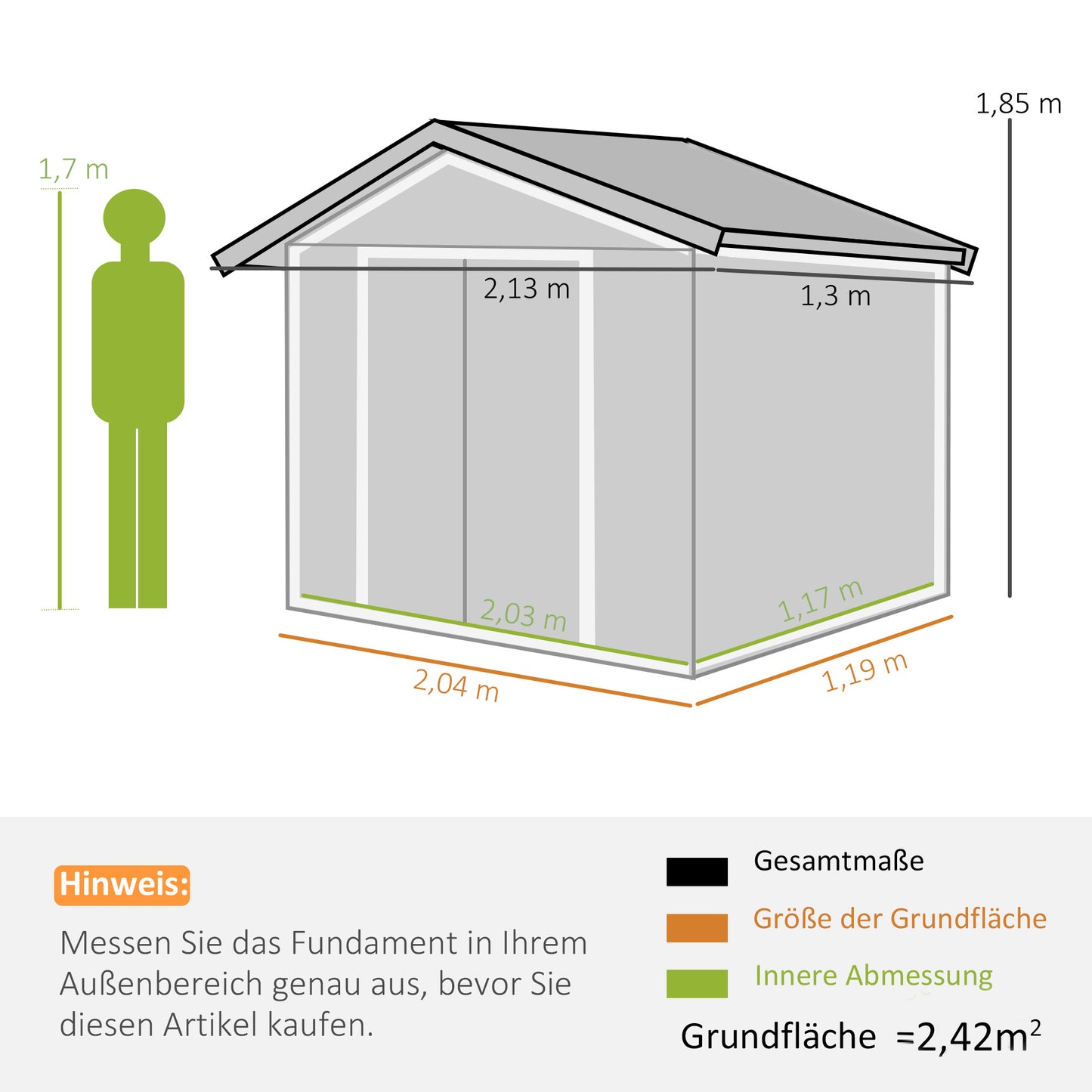 Outsunny Gartenhaus mit Schiebetüren 2,13 x 1,30 x 1,85 cm Metallgrau