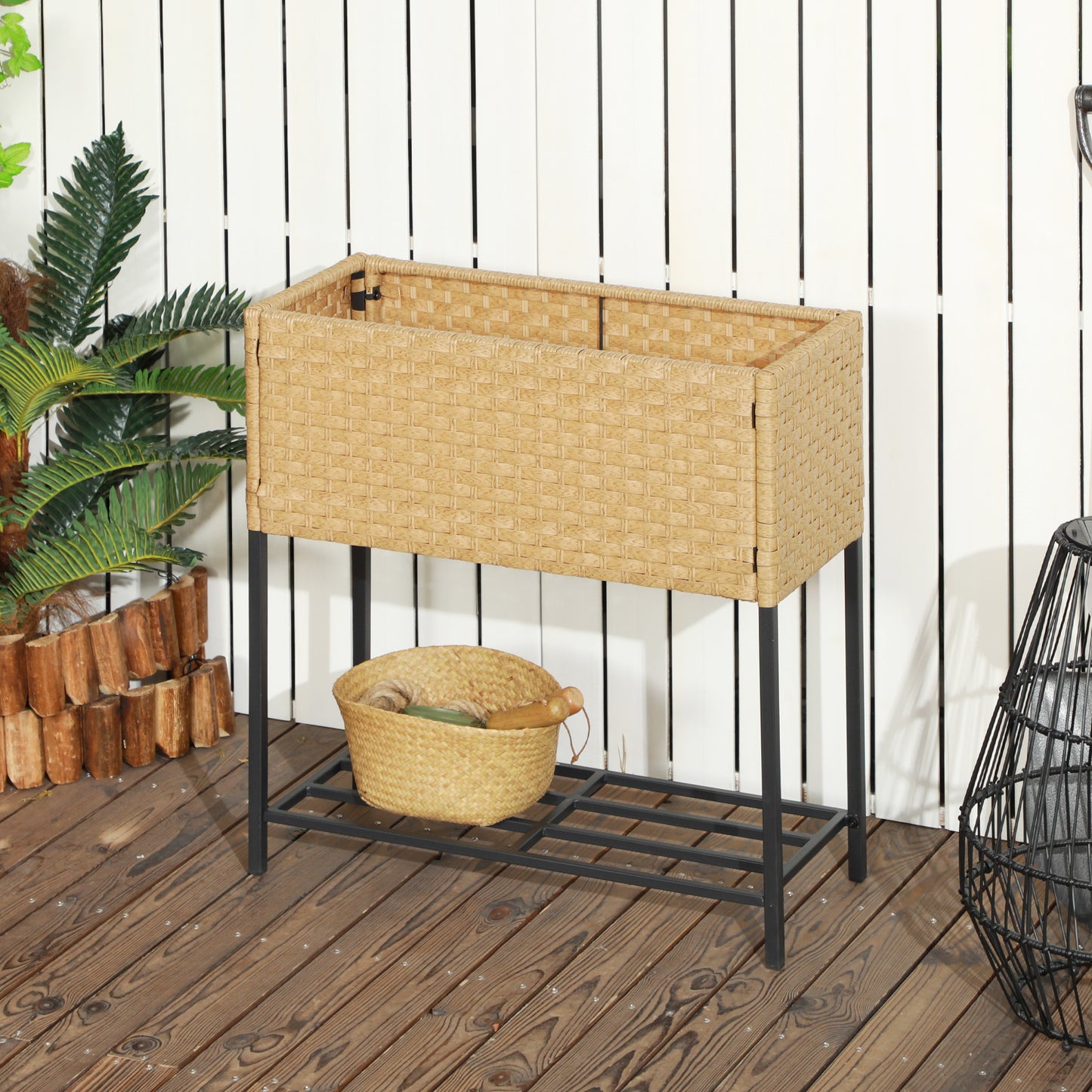 Outsunny Verhoogd Tuinbed, Bloembak, Diepe Plank, Metalen Frame/Polyrotan, 70 x 30 x 72 cm, Zandkleur