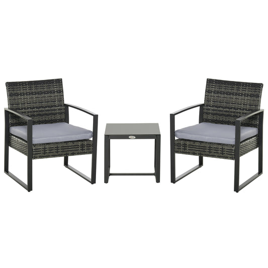 Outsunny Rattan-Gartenmöbelset für 2 Personen, Polyrattan-Gartenmöbelset, Balkonmöbelset mit Kissen, Gartengrau