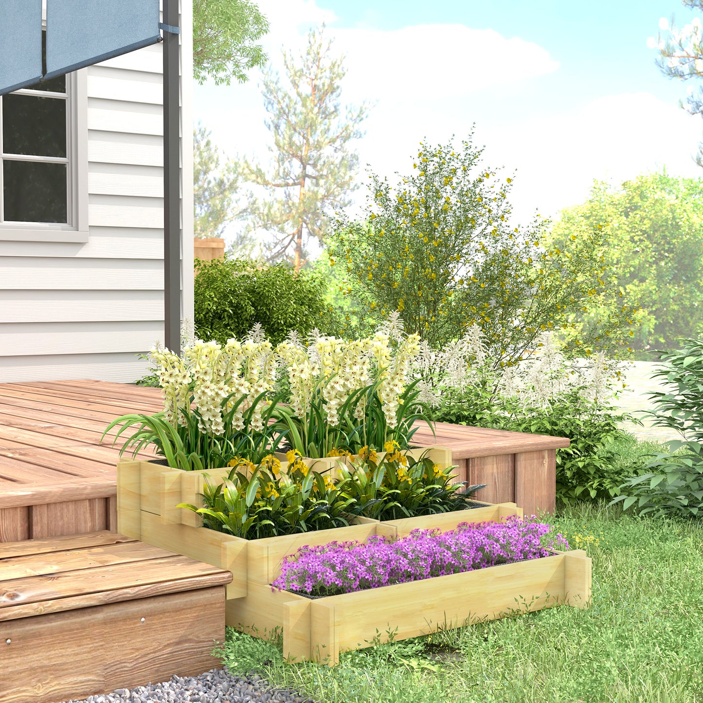 Outsunny Raised Flower Bed, 3-Tier, Drainage Hole, Fabric Lining, Natural Wood, 93 x 93 x 35 cm