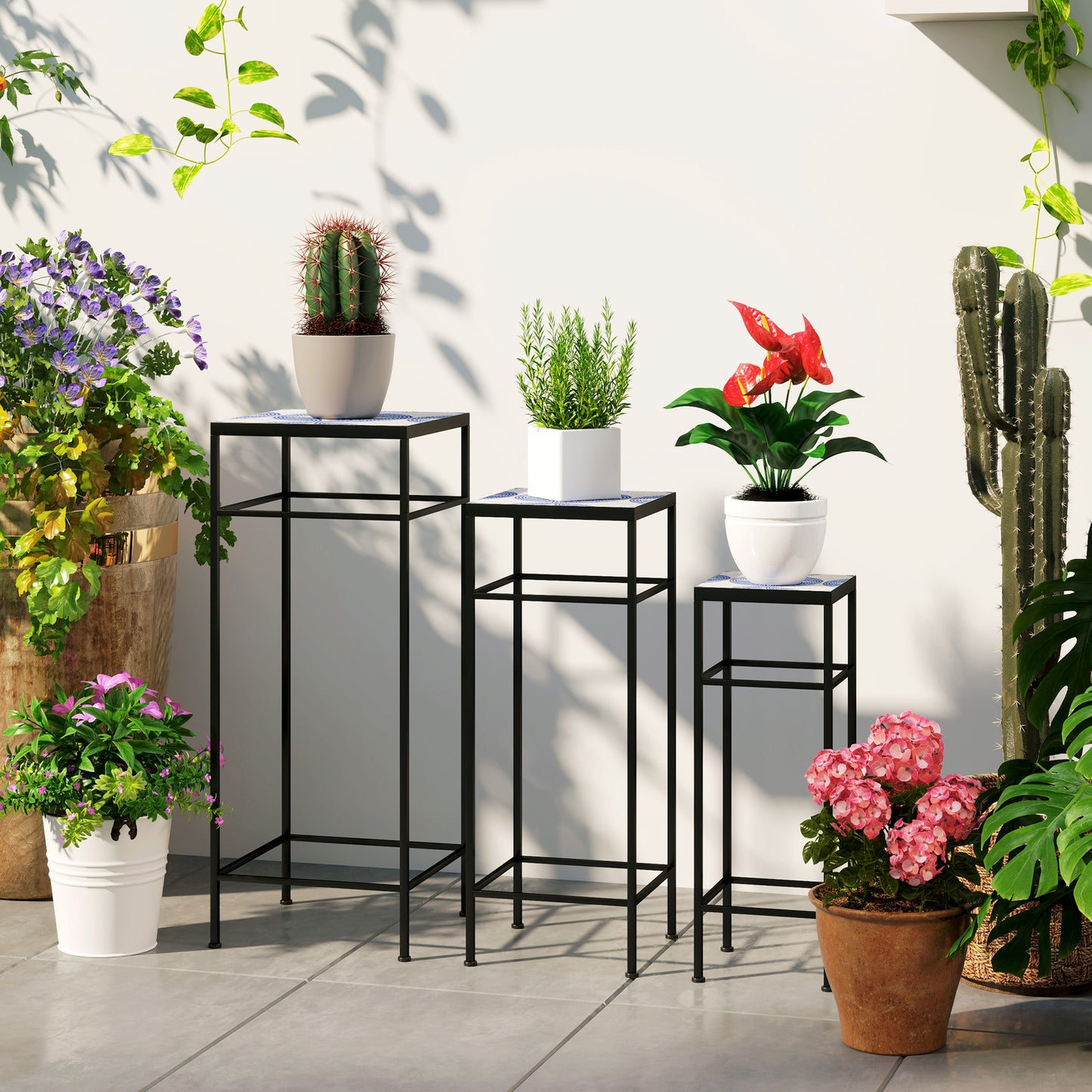 Outsunny 3-delige set plantenstandaards, 3 verschillende formaten standaards voor het tentoonstellen van bloemen en andere artikelen, blauw en wit