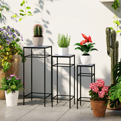 Outsunny 3-delige set plantenstandaards, 3 verschillende formaten standaards voor het tentoonstellen van bloemen en andere artikelen, blauw en wit