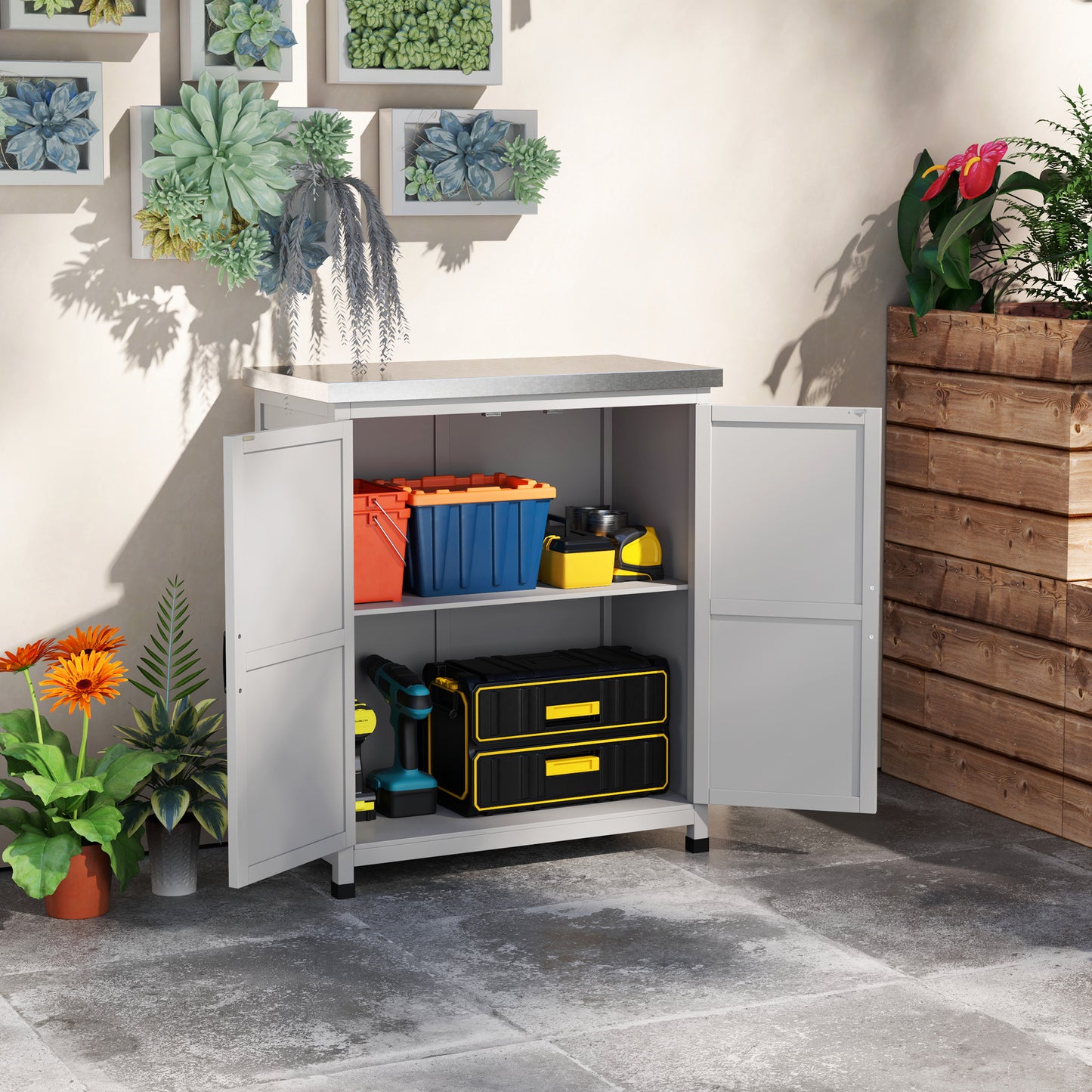 Outsunny Gartenhaus, Außenschrank mit Arbeitsplatte, Werkzeugschrank, Massivholz, Stahl, 79 cm (B) x 43 cm (T) x 92 cm (H), grau