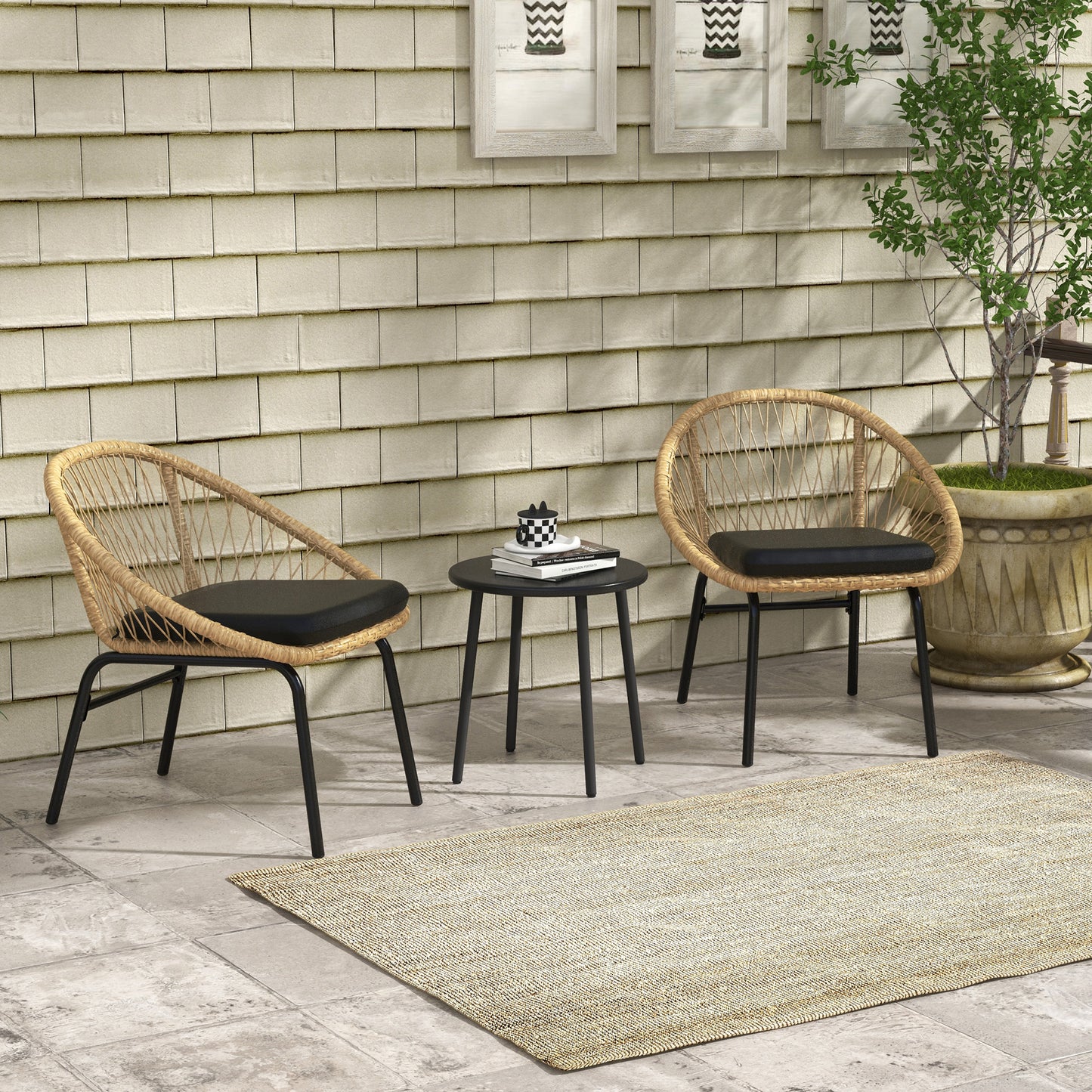 Outsunny Gartenmöbelset aus Rattan, 2 Sessel und Tisch, gelb