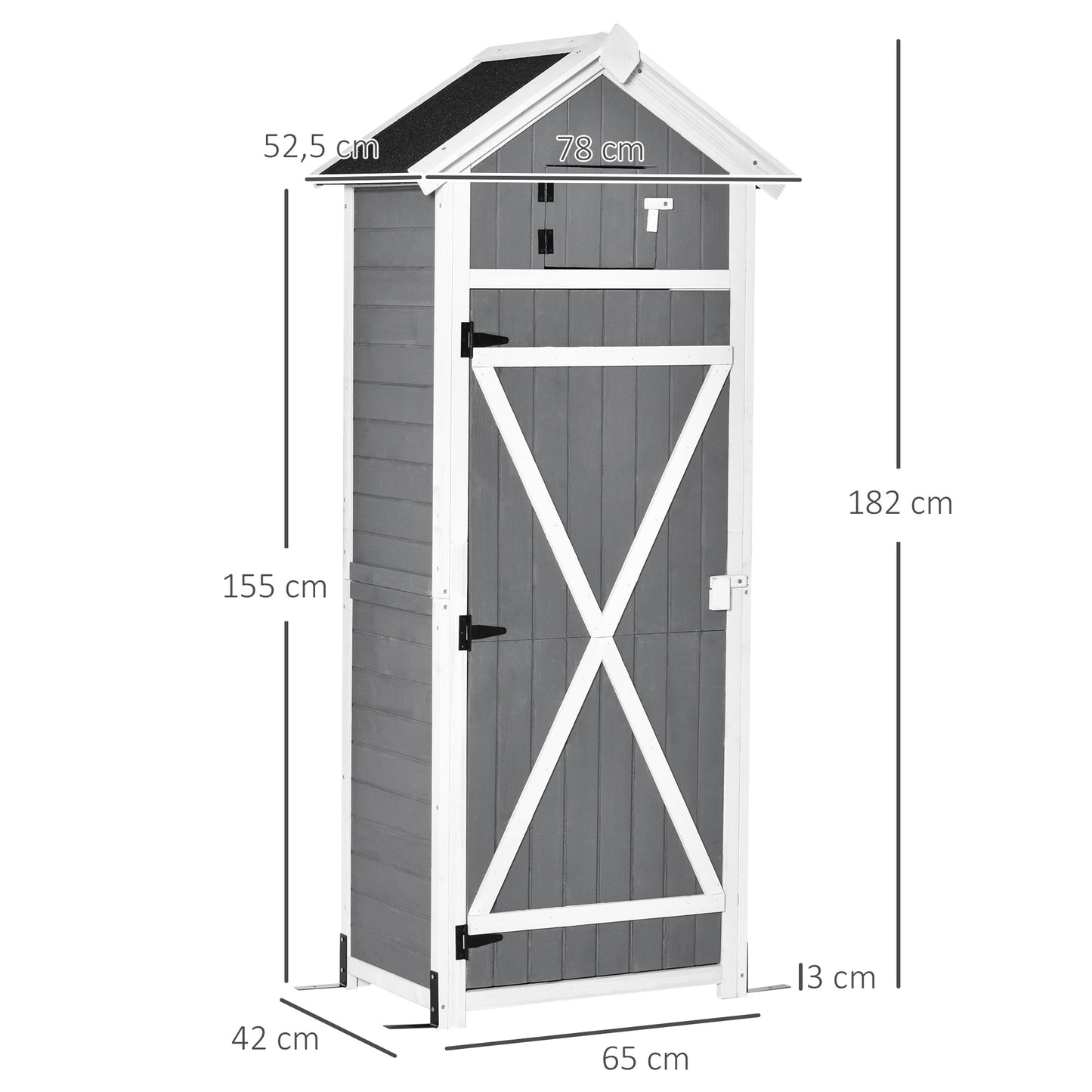 Outsunny Houten Tuinhuis, Weerbestendig Gereedschapsschuurtje 78x52,5x182cm, Gereedschapsschuurtje met Deur, Zadeldak, Opbergkast met Haken, Opvouwbare Tafel, Gereedschapskast, Tuinhuis voor Tuin, Terras, Grijs