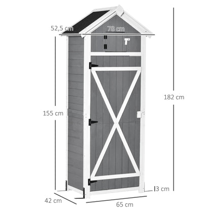 Outsunny Houten Tuinhuis, Weerbestendig Gereedschapsschuurtje 78x52,5x182cm, Gereedschapsschuurtje met Deur, Zadeldak, Opbergkast met Haken, Opvouwbare Tafel, Gereedschapskast, Tuinhuis voor Tuin, Terras, Grijs
