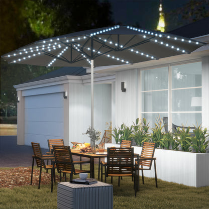 Outsunny Doppelsonnenschirm mit Solarbeleuchtung, Aluminium, Polyester, UPF50+ Sonnenschutz, UV-beständig, Terrassenschirm, Dunkelgrau