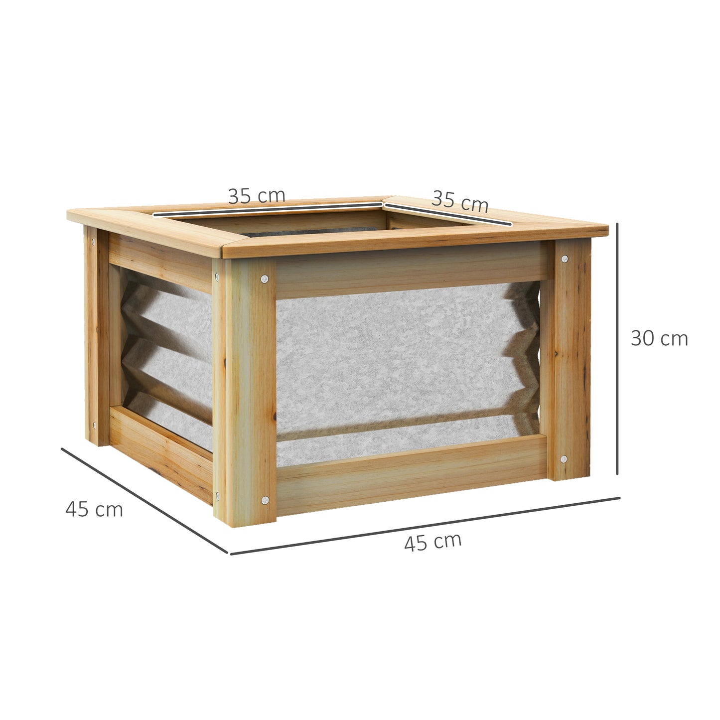 Verhoogde tuinbak van Outsunny, zelf-drainerend, open bodem, metaal+hout, 45 x 45 x 30 cm