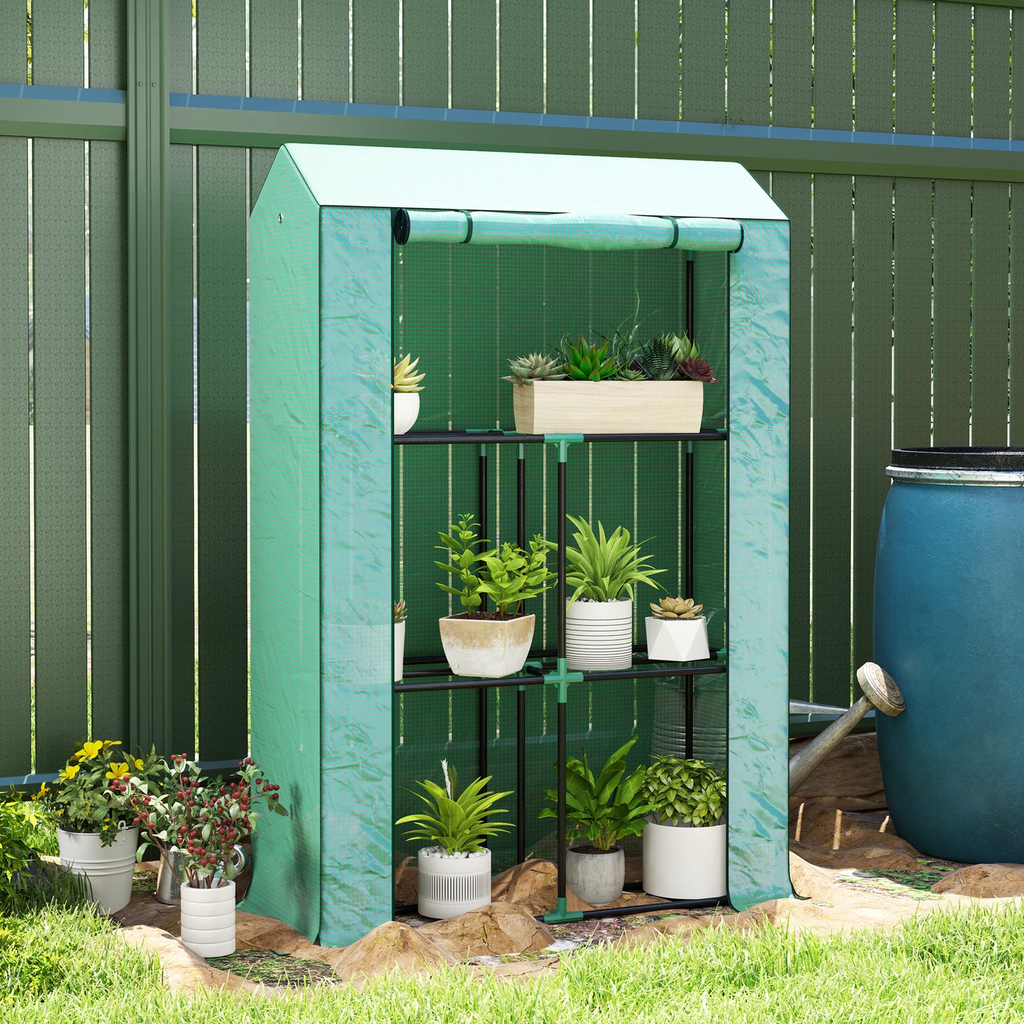 Outsunny kas met 3-laags plank, UV-bestendige kunststof afdekking, roldeur, 100 x 40 x 150 cm, groen