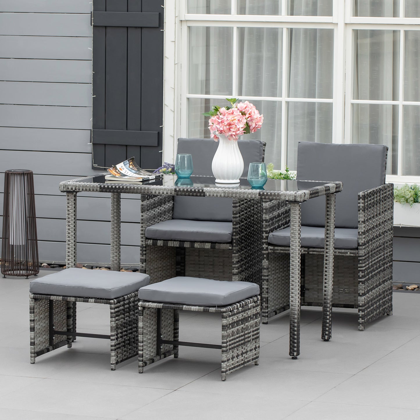Outsunny Polyrattan-Sitzgruppe für 4 Personen, Essgruppe, Gartenmöbelset mit Kissen, grau