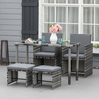 Outsunny Polyrattan-Sitzgruppe für 4 Personen, Essgruppe, Gartenmöbelset mit Kissen, grau