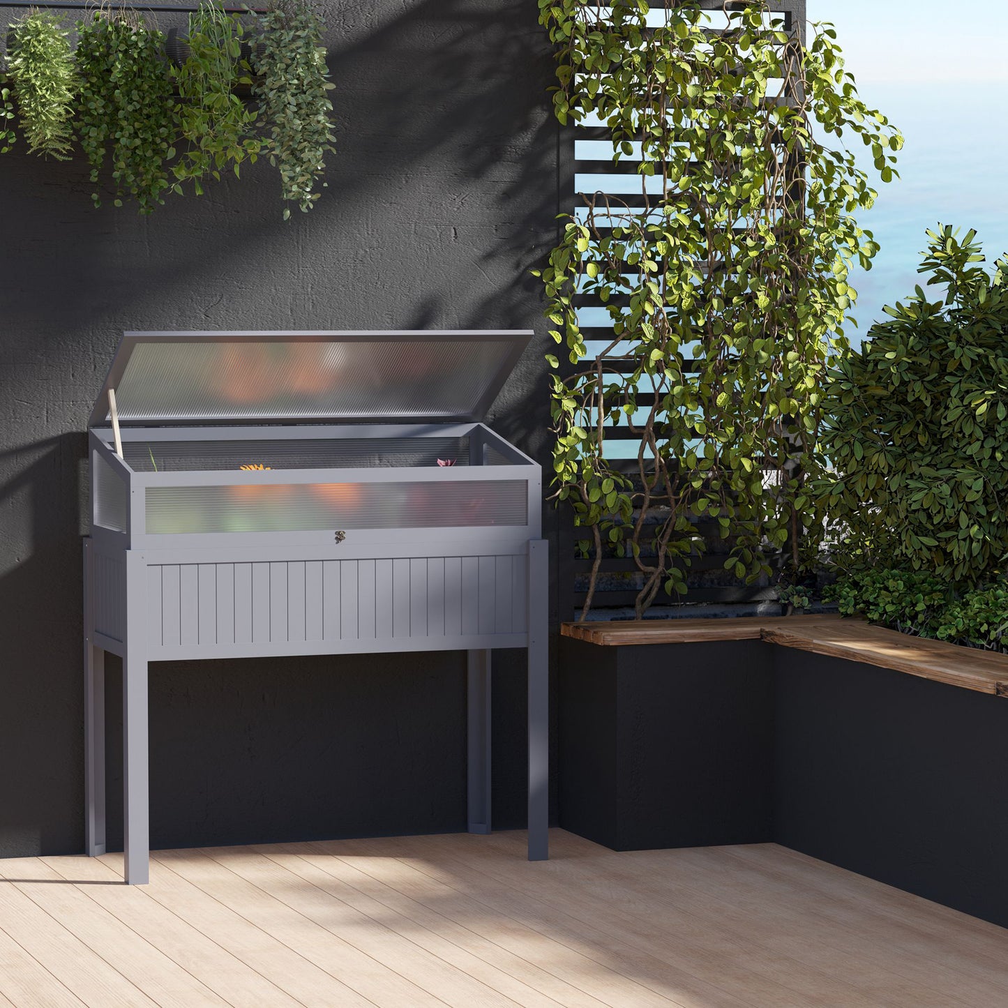 Outsunny Hochbeet, Holz mit Pflanzkasten, 2-in-1 Gewächshaus, Tomatenhaus, Gemüsegarten, Kräutergarten, Pflanzkasten für Garten, Balkon und Terrasse, Polycarbonat Grau, 120 x 54 x 112/122 cm