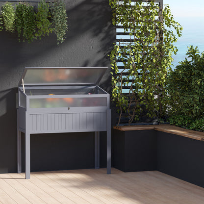 Outsunny Hochbeet, Holz mit Pflanzkasten, 2-in-1 Gewächshaus, Tomatenhaus, Gemüsegarten, Kräutergarten, Pflanzkasten für Garten, Balkon und Terrasse, Polycarbonat Grau, 120 x 54 x 112/122 cm