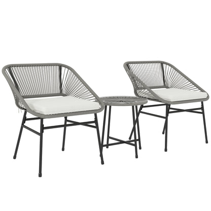 Outsunny 3-delige tuinmeubelset, 1 tafel, 2 stoelen, rotan vlechtwerk, stalen frame, salontafel met glazen blad, donkergrijs