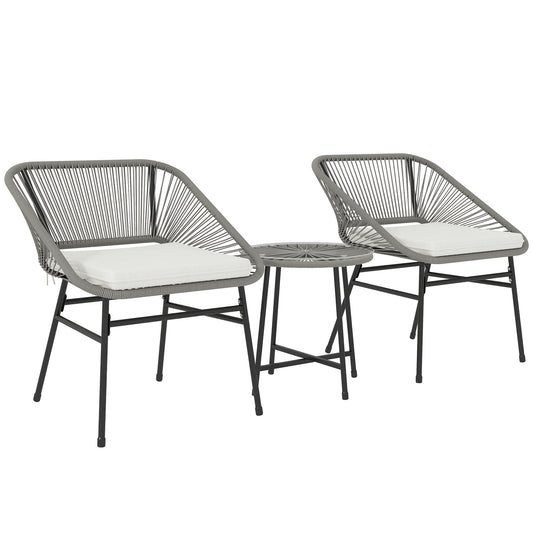 Outsunny 3-delige tuinmeubelset, 1 tafel, 2 stoelen, rotan vlechtwerk, stalen frame, salontafel met glazen blad, donkergrijs