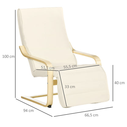 HOMCOM ligstoel met kussen, 5-positie voetensteun, berkenhout, tot 120 kg, 66,5 x 94 x 100 cm, crèmewit