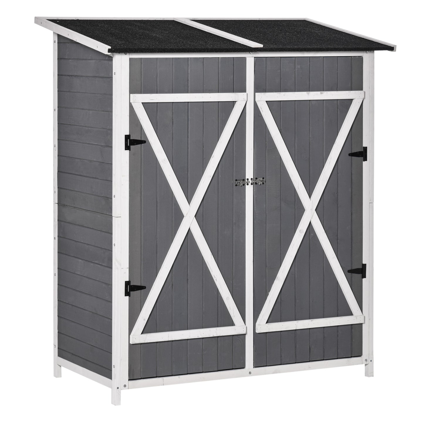 Outsunny Tuinhuis/Gereedschapsschuur met 2 deuren, Gereedschapskast met asfalt dak, Anti-dump ontwerp met grondpennen, Dennenhout, Grijs+Wit, 139 x 75 x 160 cm