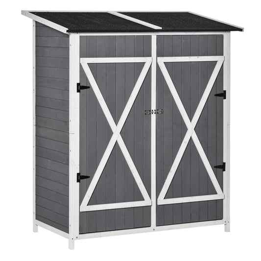 Outsunny Garten-/Geräteschuppen mit 2 Türen, Geräteschrank mit Asphalt-Dach, Kippschutz mit Bodenankern, Kiefernholz, Grau + Weiß, 139 x 75 x 160 cm