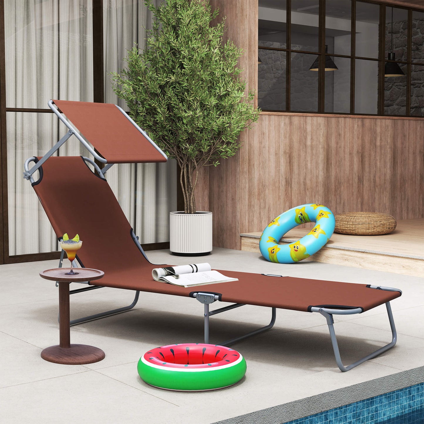 Outsunny Klappliege, Gartenliege mit Sonnenschutz, Liege mit 4-fach verstellbarer Rückenlehne, Campingliege, Belastbarkeit bis zu 120 kg, geeignet für Garten, Balkon und Poolbereich, 6 Farben (Braun)