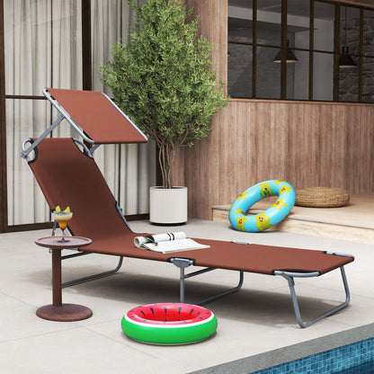 Outsunny Klappliege, Gartenliege mit Sonnenschutz, Liege mit 4-fach verstellbarer Rückenlehne, Campingliege, Belastbarkeit bis zu 120 kg, geeignet für Garten, Balkon und Poolbereich, 6 Farben (Braun)