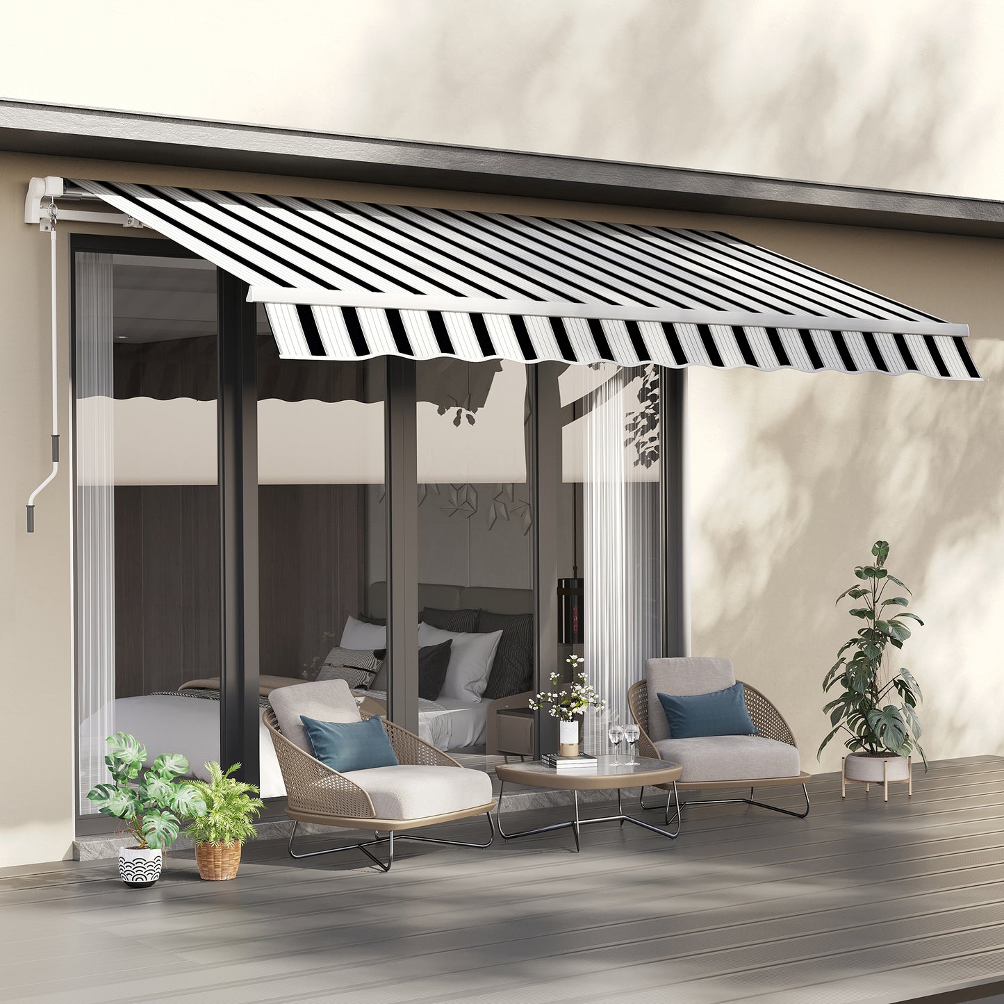 Outsunny luifel, zonnescherm, uitschuifbaar, met handzwengel, metalen frame, polyester, blauw+wit, 3,95 x 2,45 x 3,50 m