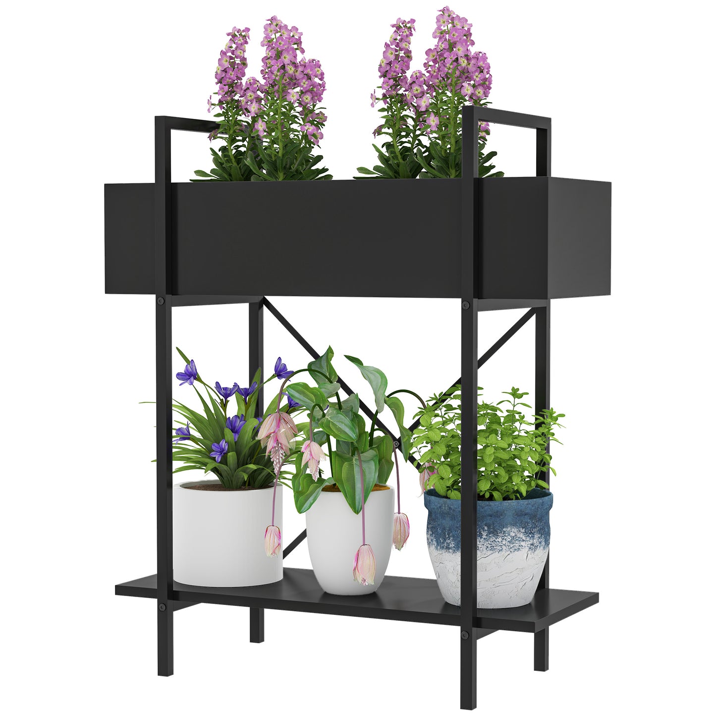 Outsunny Plantenstandaard, Bloempotstandaard met 2 niveaus, Afwateringsgaten, voor binnen- en buitengebruik, Metaal, Zwart