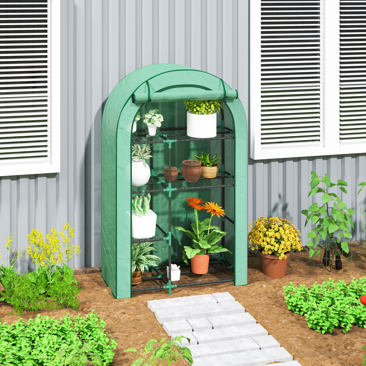 Outsunny Mini Kas, 4-laagse kas met kunststof afdekking, draagbaar, roldeur, 100 x 45 x 160 cm, groen