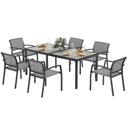 Outsunny 7-teilige Essgruppe, 6 Stühle, 1 Tisch, stapelbar, leicht zu reinigen, Stahlgestell, Gartenmöbelset, grau
