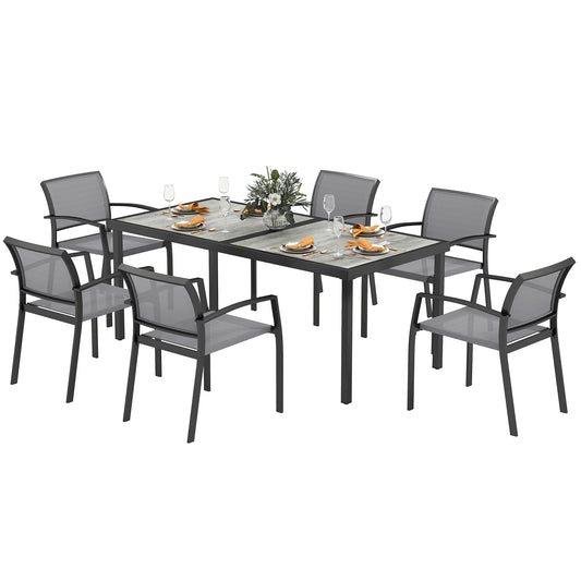 Outsunny 7-delige eetkamerset, 6 stoelen, 1 tafel, stapelbaar, gemakkelijk schoon te maken, stalen frame, tuinmeubelset, grijs