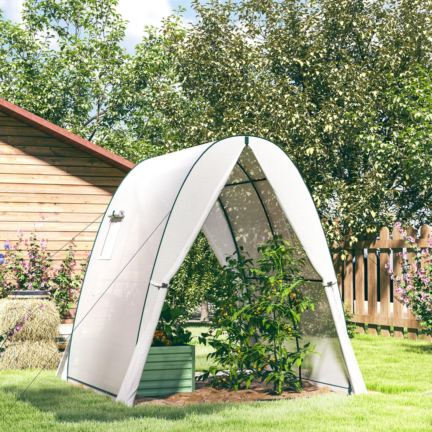 Überdachtes Außengewächshaus mit Sandsäcken und Kunststoffabdeckung, 2 Rolltoren, Moskitonetzen, tragbar, 1,8 x 1,8 x 2 m, weiß