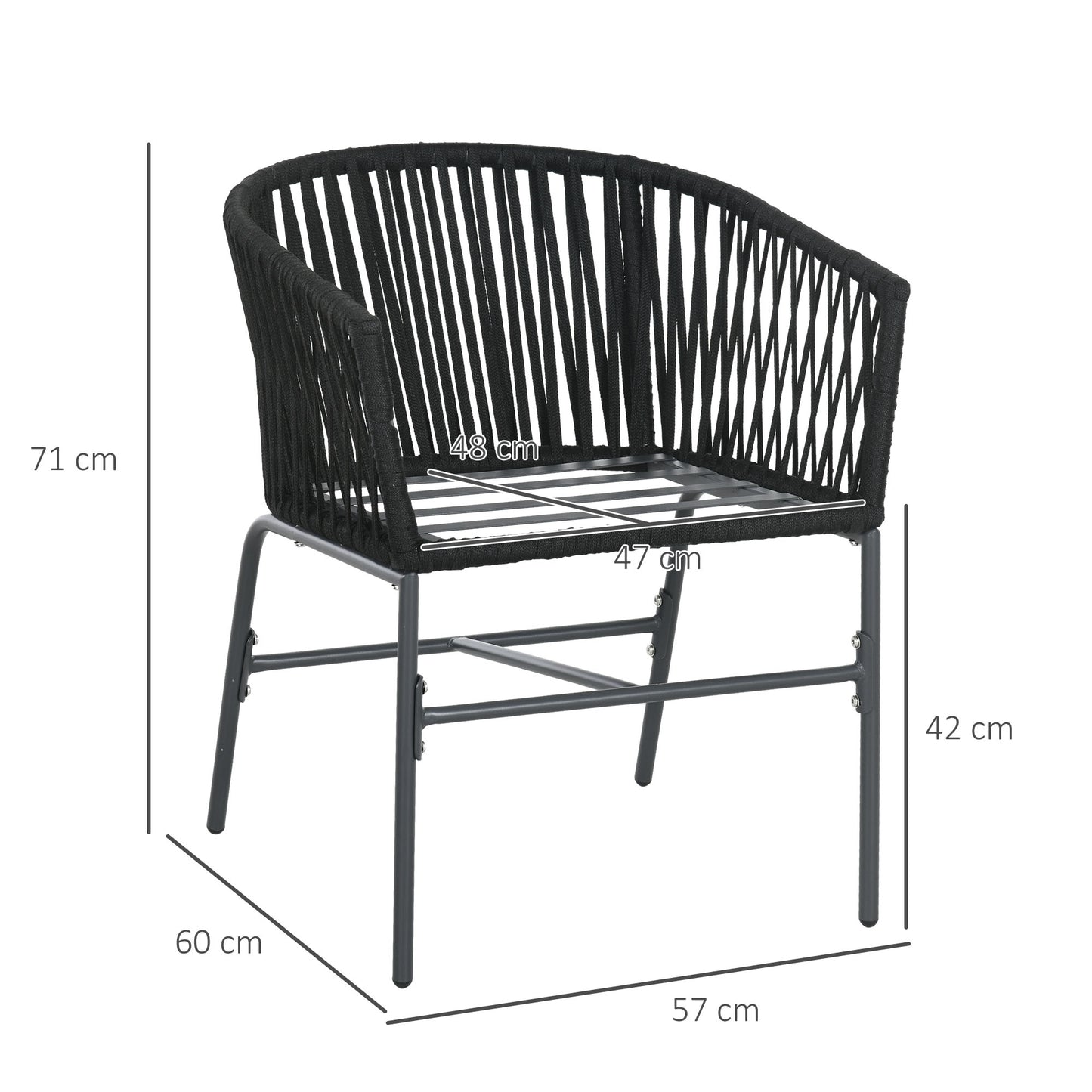 Outsunny tuinstoelen, set van 2, boho-design, zit- en rugkussens, comfortabele zitschaal, metalen frame, zwart