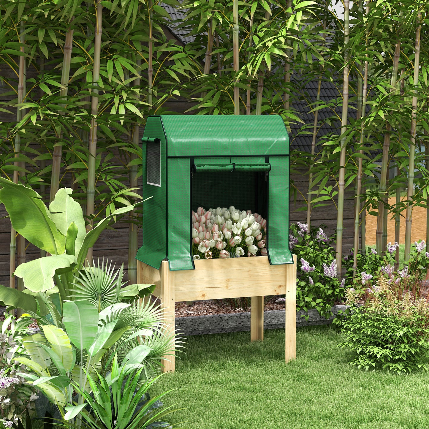 Outsunny 2-in-1 verhoogde plantenbak, koude kas, 86 cm x 60 cm x 165 cm, natuurlijk + groen